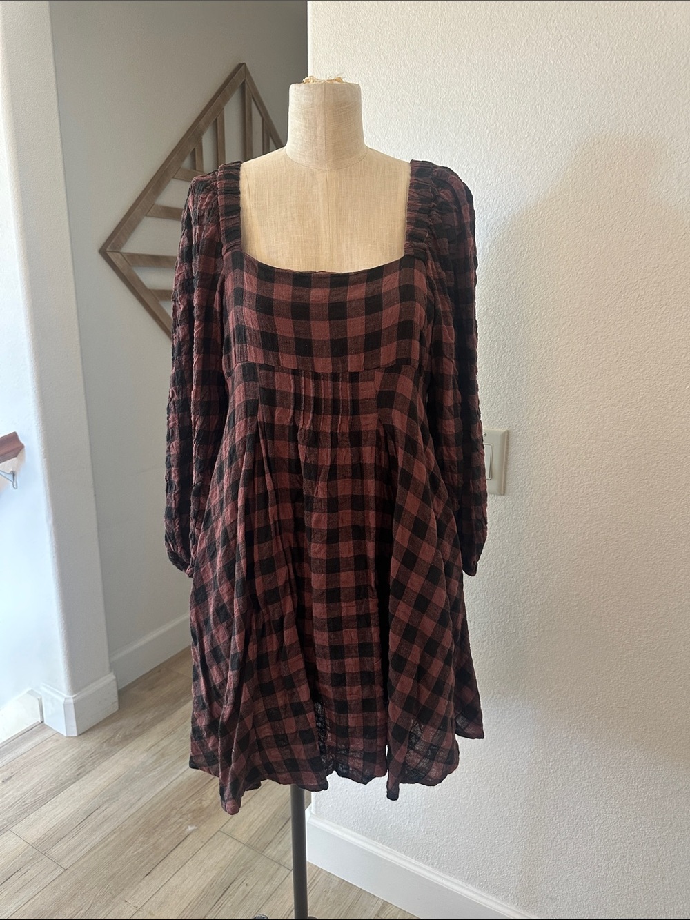 NWT Urban Outfitters Burgundy & Black Plaid Square-Neck Babydoll Dress